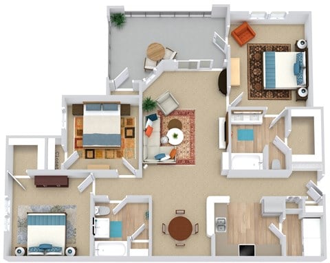 Floor plan for 3 beds, 2 baths, 1416 sqft